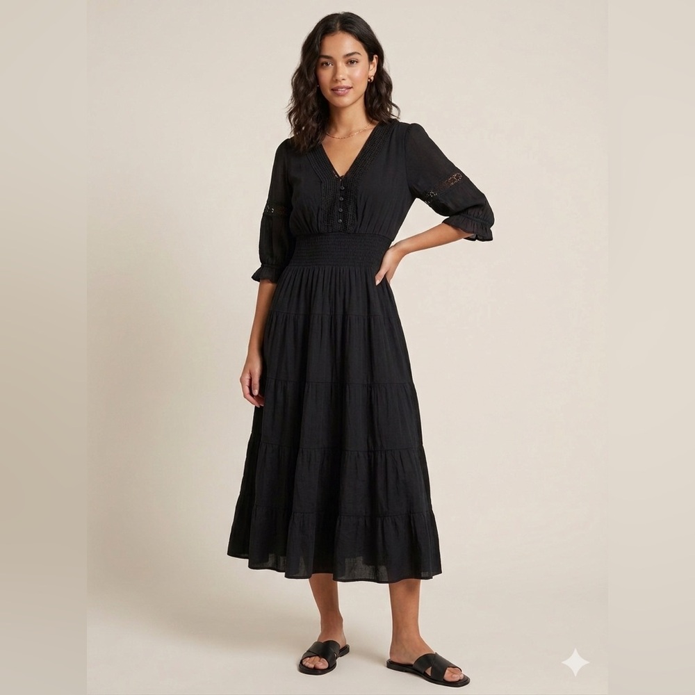 JGEE Black V-Neck‎ Smocked Waist Midi Dress - Brand: